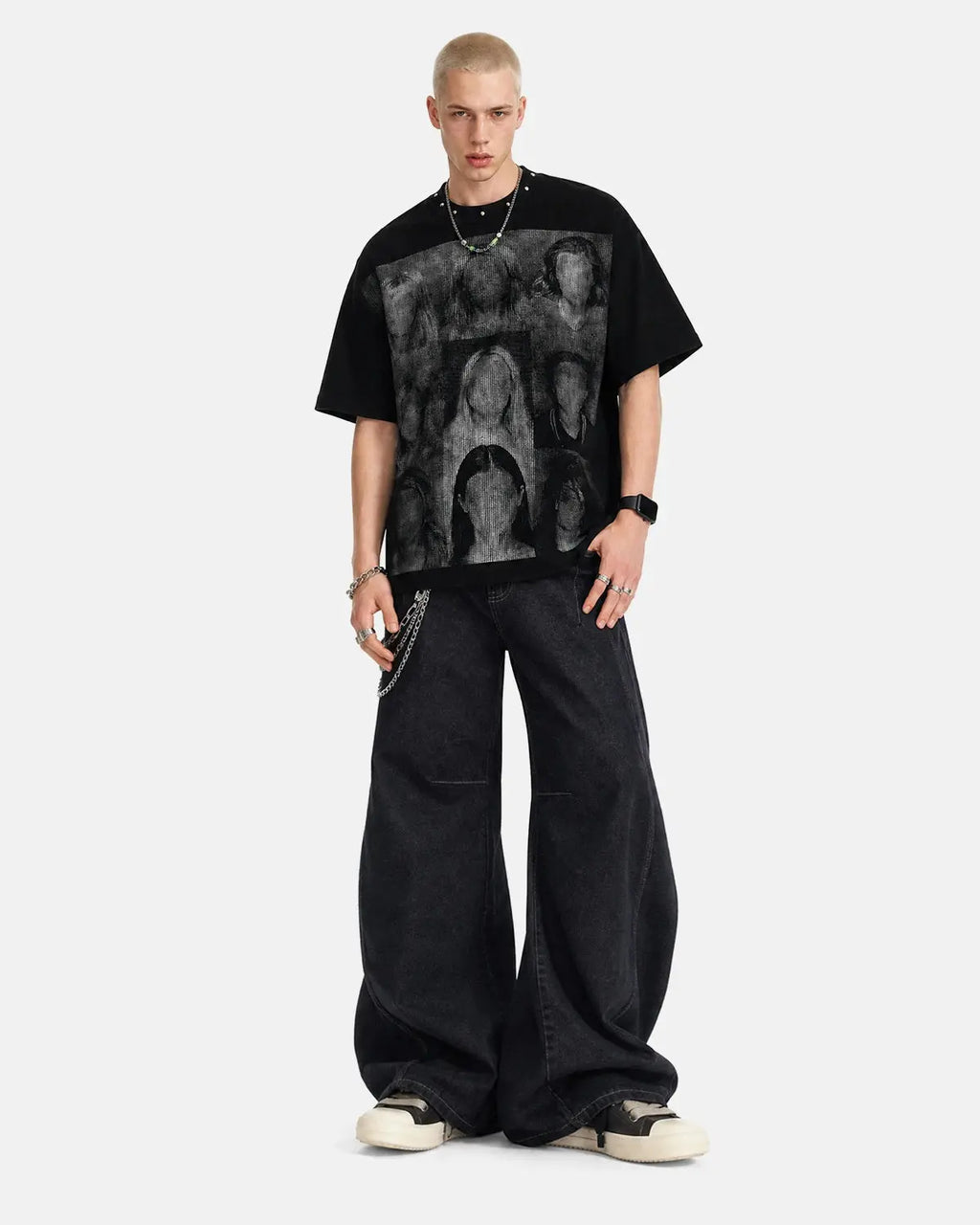 Inflation Streetwear Portrait Graphic Waffle Boxy T-Shirt, beige color, casual fit, featuring a bold graphic design on the front.