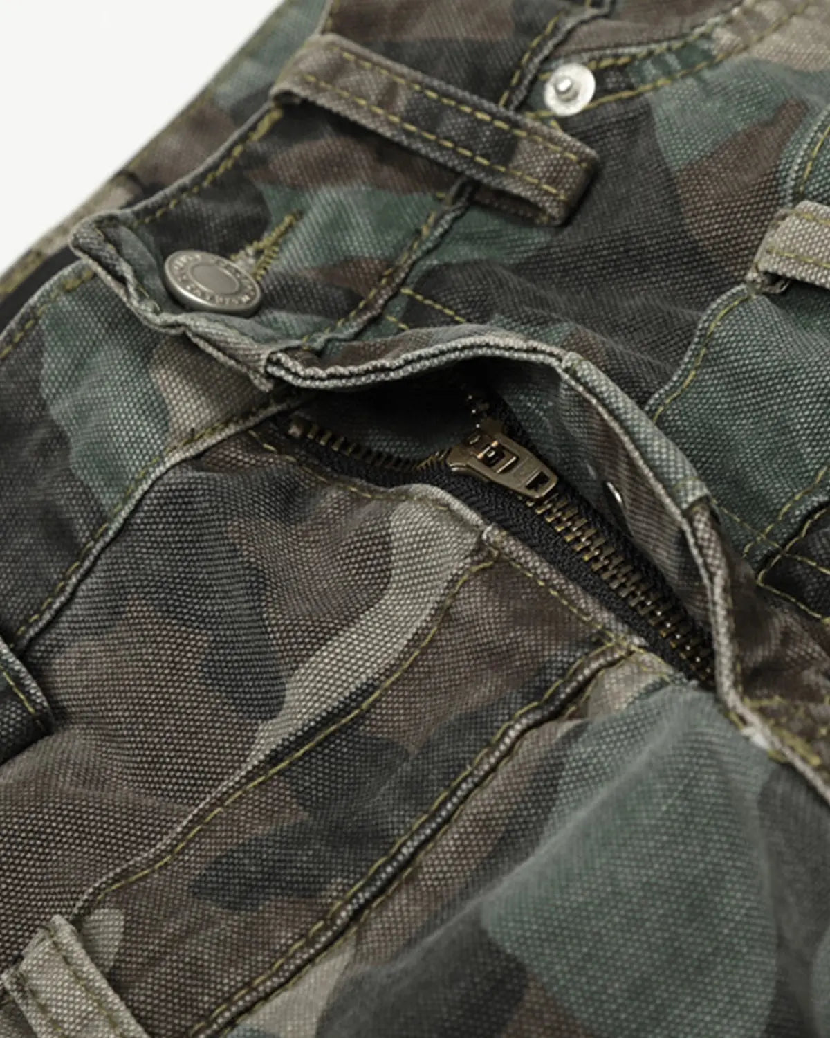 Inflation Double Waist Camo Cargo Pants with multiple pockets, featuring a streetwear-inspired camouflage design and relaxed fit.