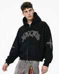 Inflation Streetwear suede patch embroidery zip hoodie with front pockets and adjustable drawstrings, stylish casual streetwear.
