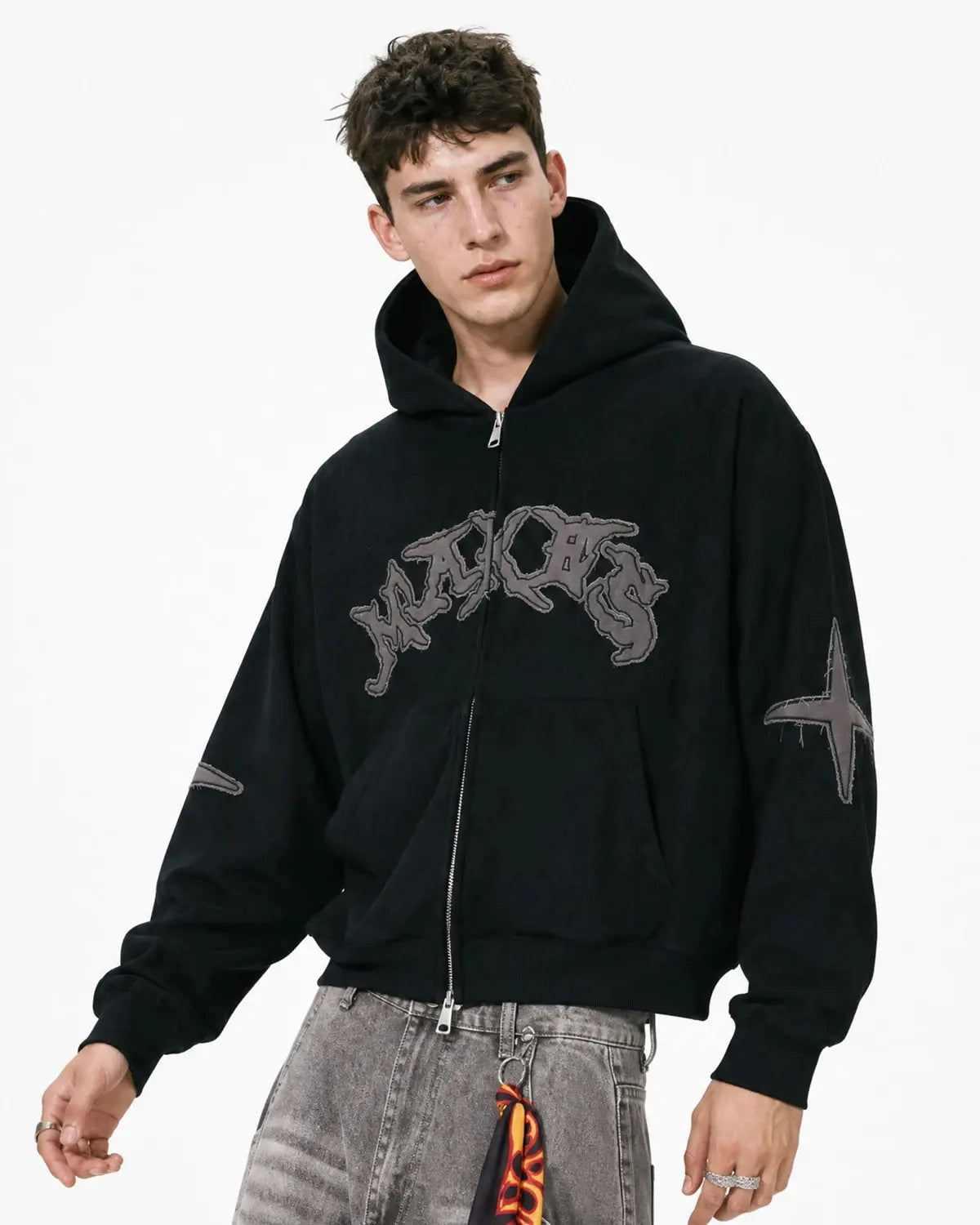 Inflation Streetwear suede patch embroidery zip hoodie with front pockets and adjustable drawstrings, stylish casual streetwear.