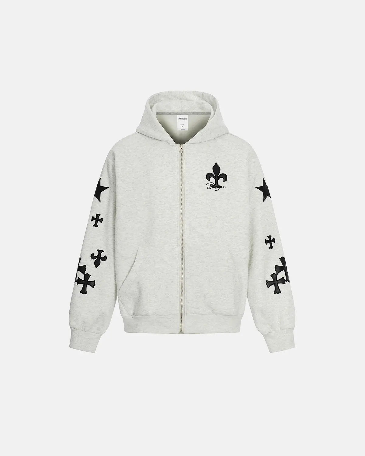 Inflation Streetwear Cross PU Patch embroidery zip-up hoodie featuring bold patch designs and a comfortable fit.