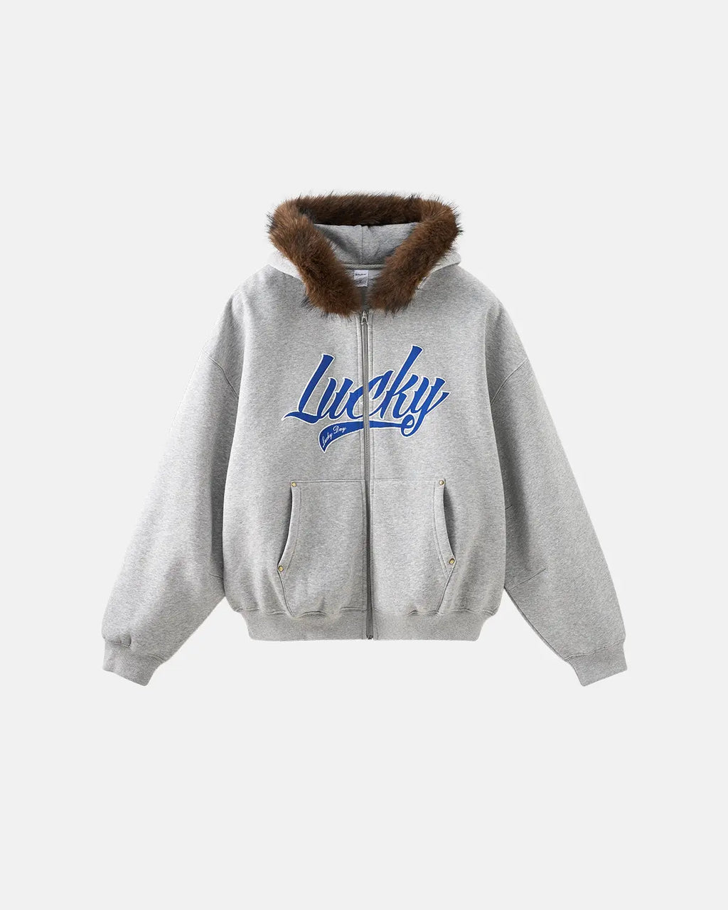 Inflation streetwear faux fur collar zip-up hoodie jacket featuring a cozy fur-lined collar and casual fit.