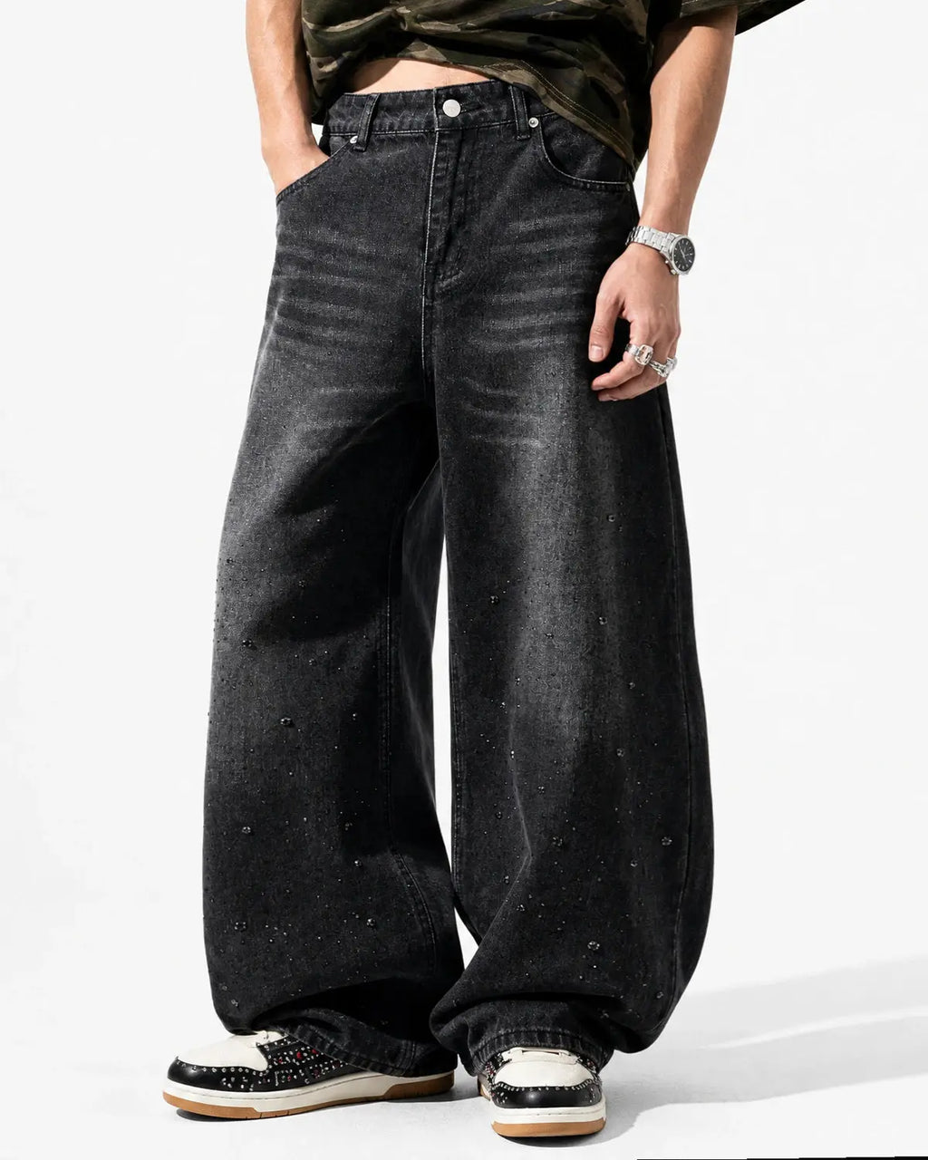 Vintage washed rhinestone barrel jeans by INFLATION featuring distressed denim, rhinestone accents, and a relaxed streetwear fit.
