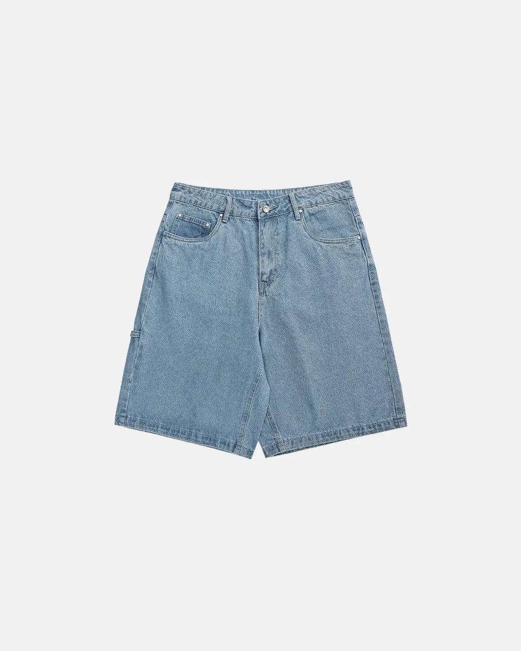 Flation Vintage Straight Washed Jorts, denim casual pants with a relaxed fit and distressed wash, shown on a model.