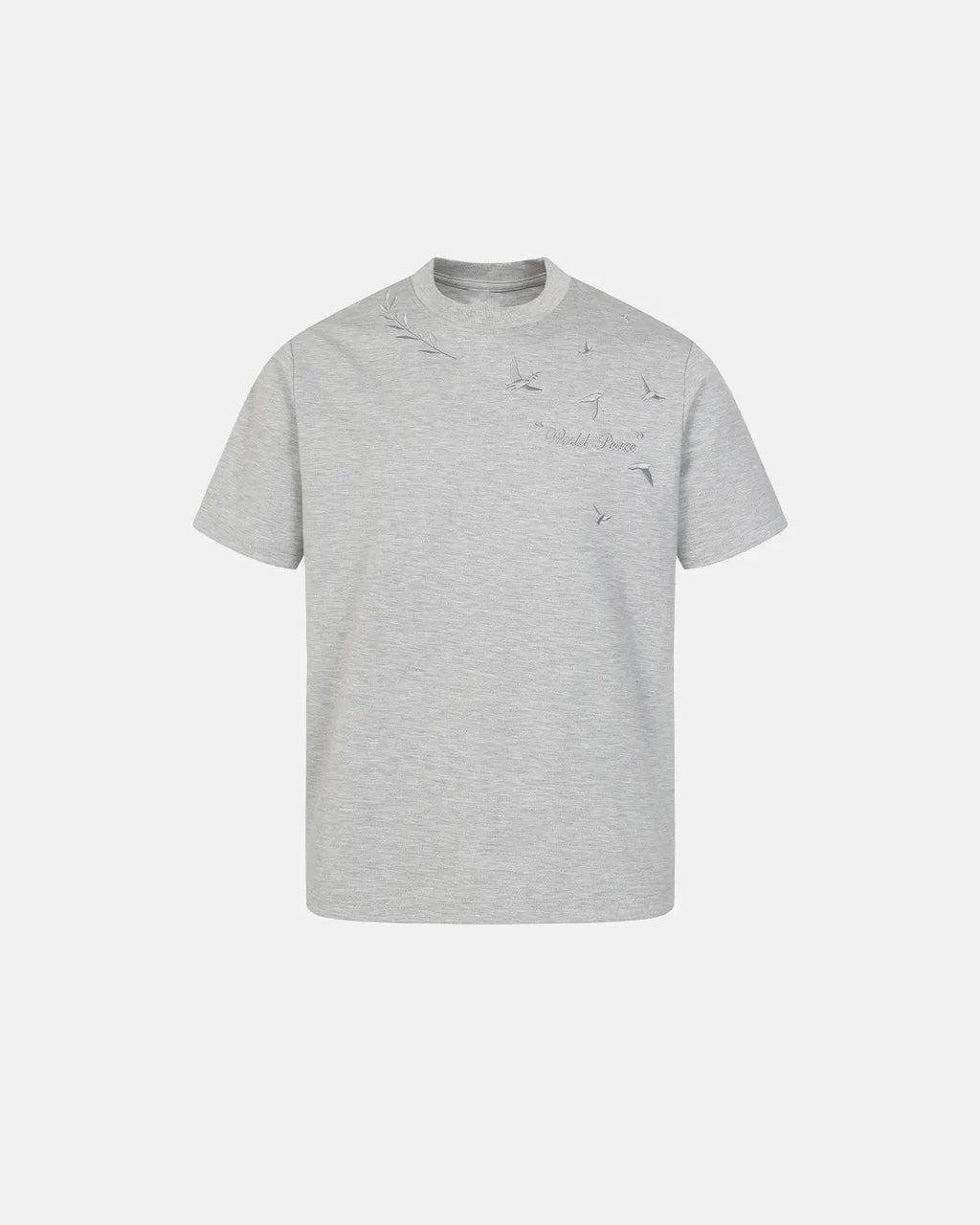 Dove embroidered mock neck T-shirt by INFLATION, streetwear style featuring a dove logo embroidery on the chest and a mock neckline.