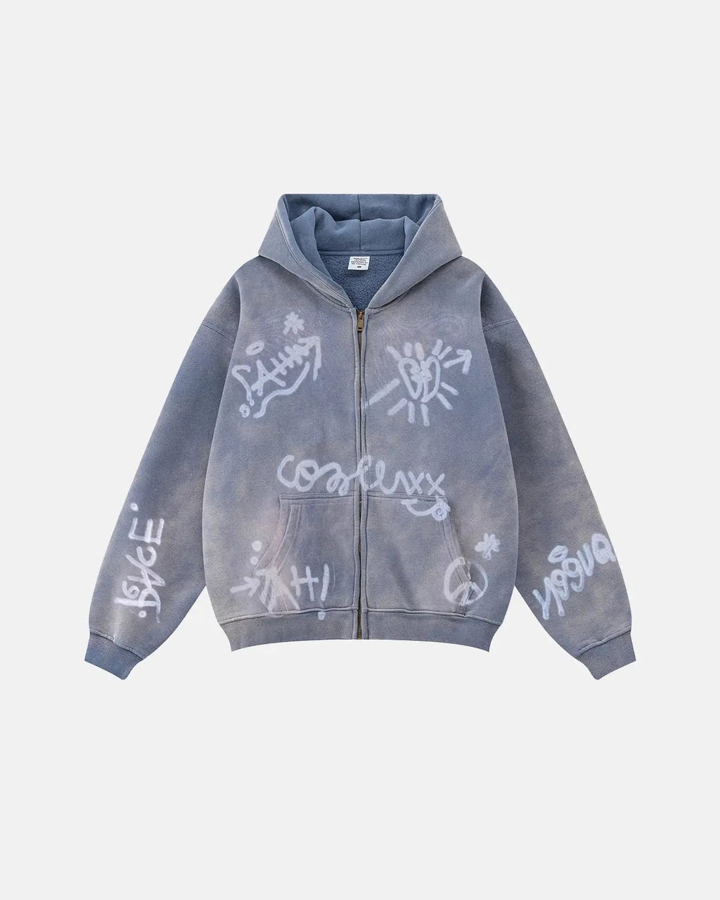 Flation graffiti washed zip-up hoodie with urban design, featuring a casual fit and graffiti-style artwork on the front.