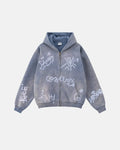 Flation graffiti washed zip-up hoodie with urban design, featuring a casual fit and graffiti-style artwork on the front.