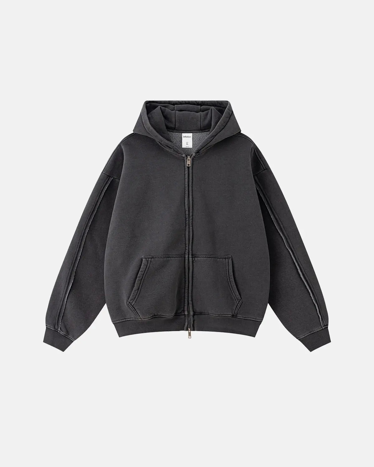 Washed raw edge boxy zip-up hoodie by INFLATION Streetwear, featuring a relaxed fit and distressed details on soft fabric.