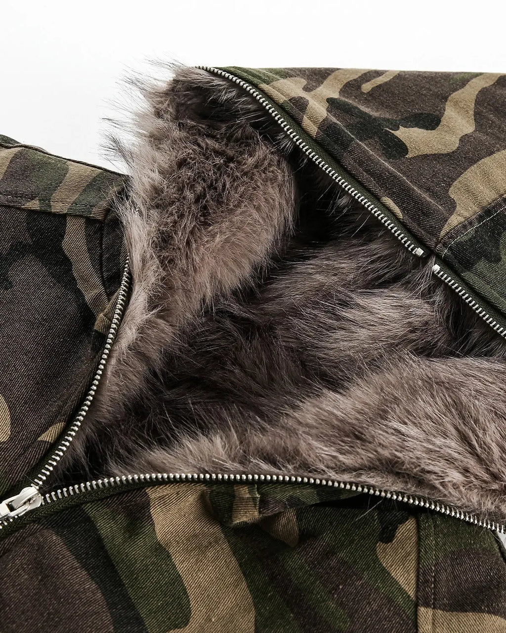 Inflation Camo Faux Fur Lined Bomber Jacket showing camouflage print, plush fur lining, and stylish streetwear design.