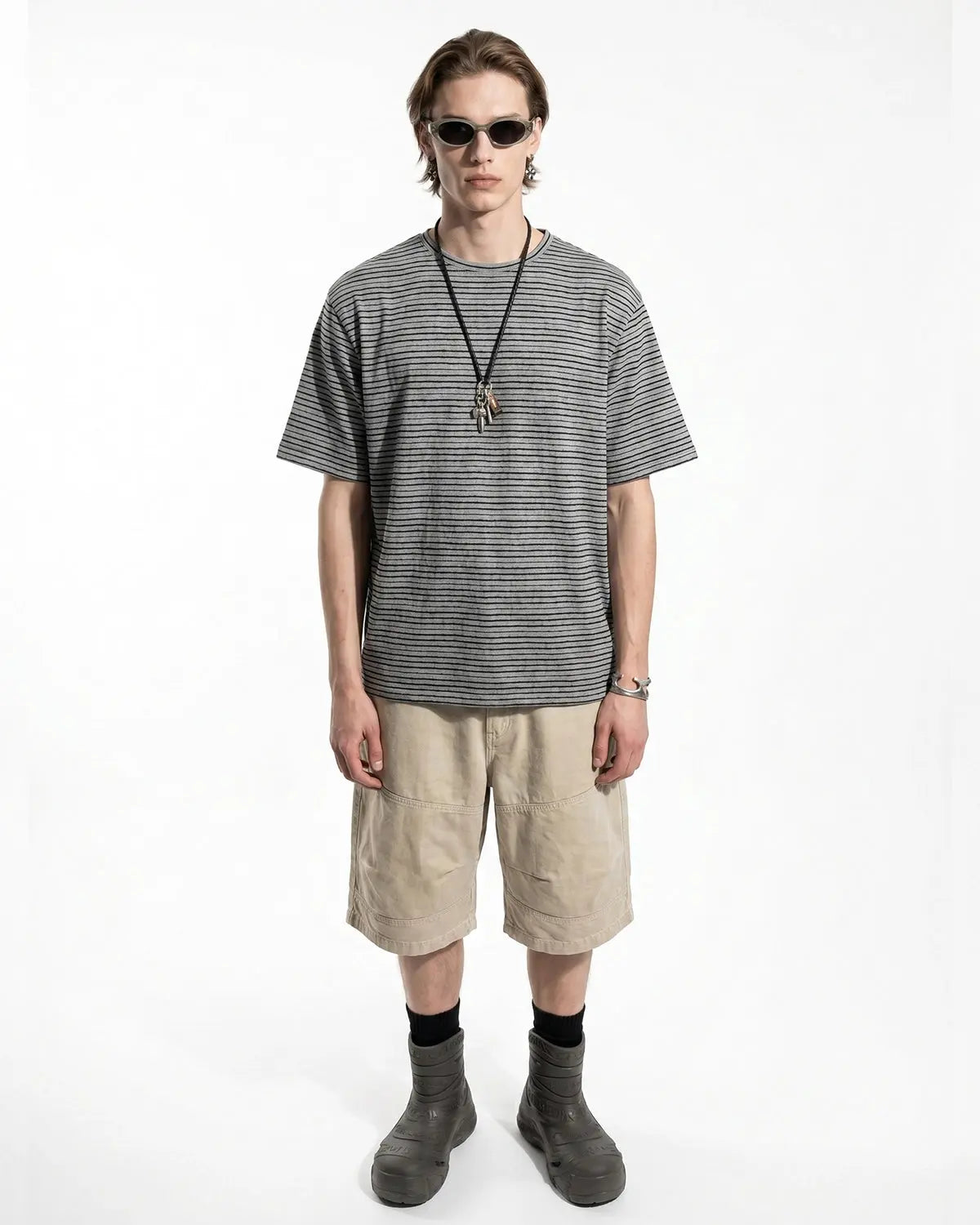 Inflation Streetwear Old Money striped T-shirt with navy, white, and red horizontal stripes, casual crew neck design.