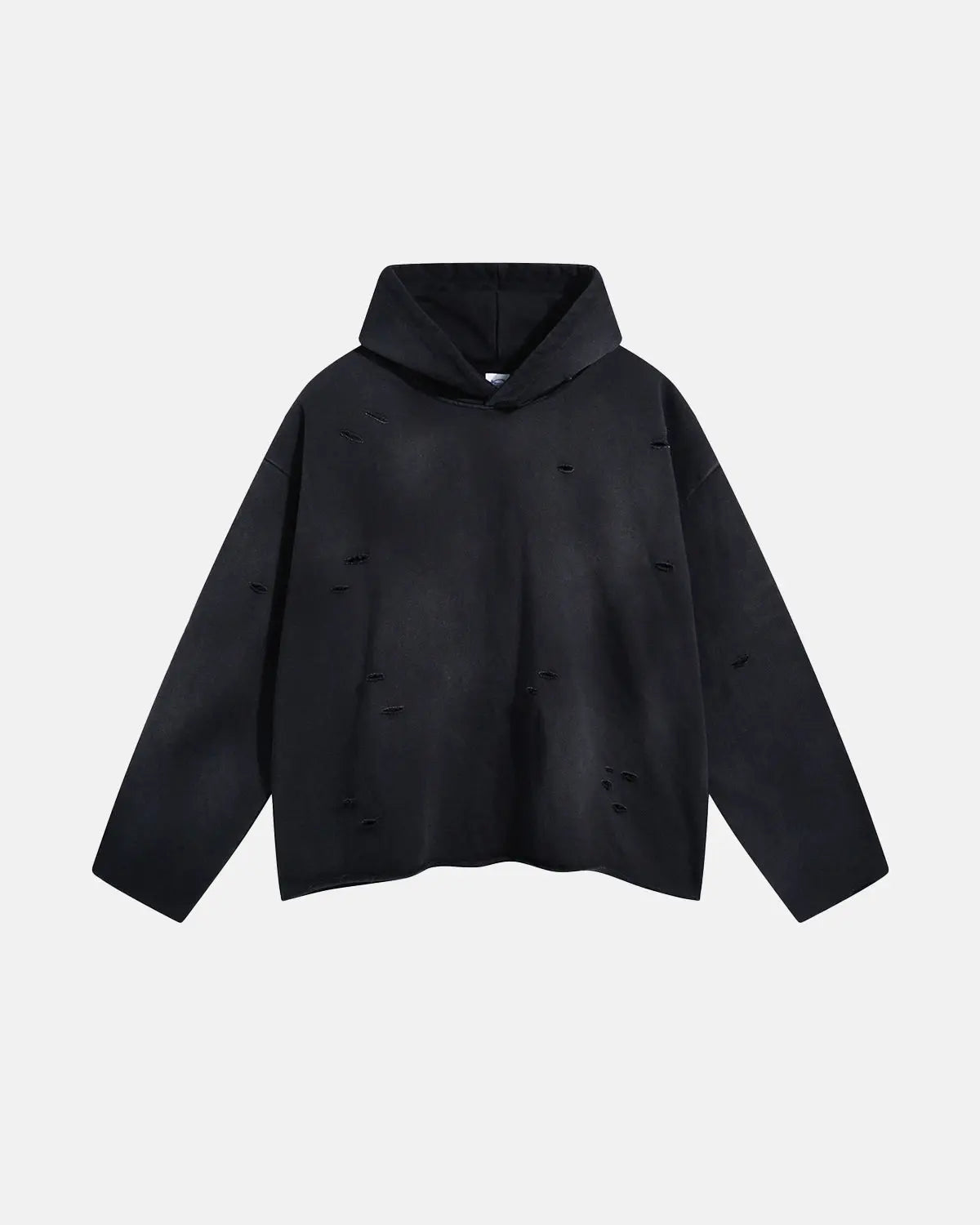Acid wash ripped boxy hoodie by INFLATION, featuring distressed details and a relaxed fit, displayed on a neutral background.