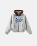 Inflation streetwear faux fur collar zip-up hoodie jacket with a cozy fur-lined hood and casual fit, black color, front view.