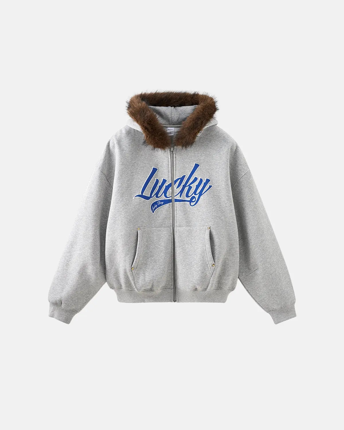 Inflation streetwear faux fur collar zip-up hoodie jacket with a cozy fur-lined hood and casual fit, black color, front view.