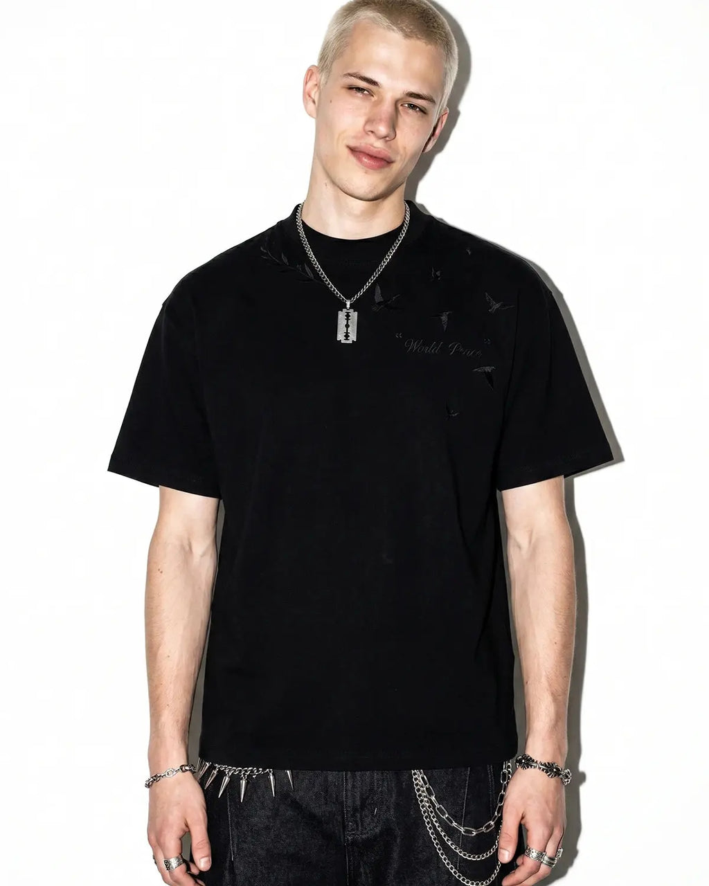 Dove embroidered mock neck T-shirt by INFLATION, featuring detailed dove design on soft fabric, perfect for streetwear style.