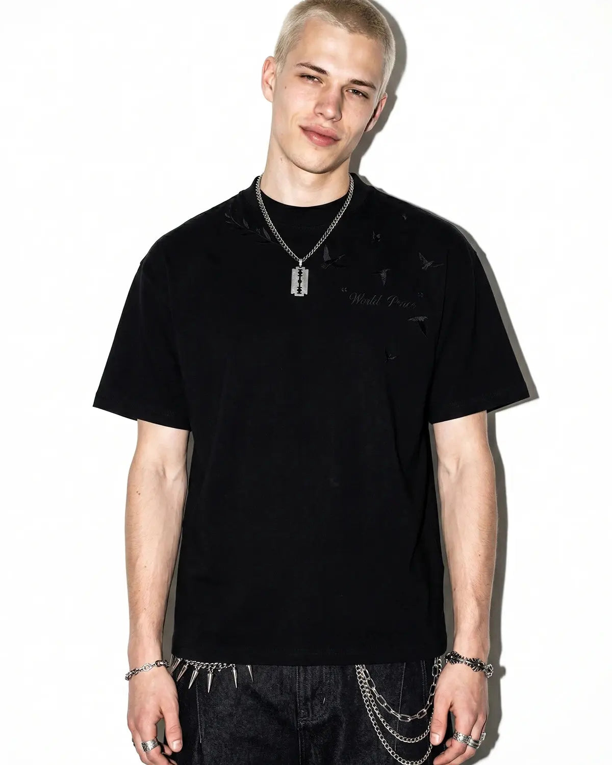 Dove embroidered mock neck T-shirt by INFLATION, featuring detailed dove design on soft fabric, perfect for streetwear style.