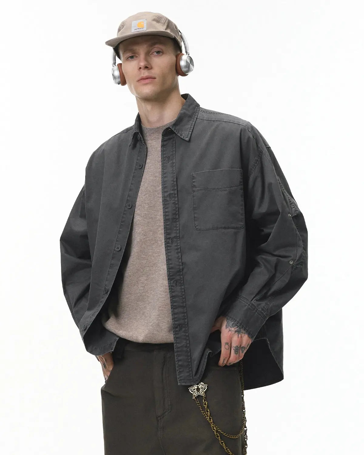 Acid wash cargo shirt jacket by INFLATION, featuring multiple front pockets, button closure, and a relaxed streetwear style.