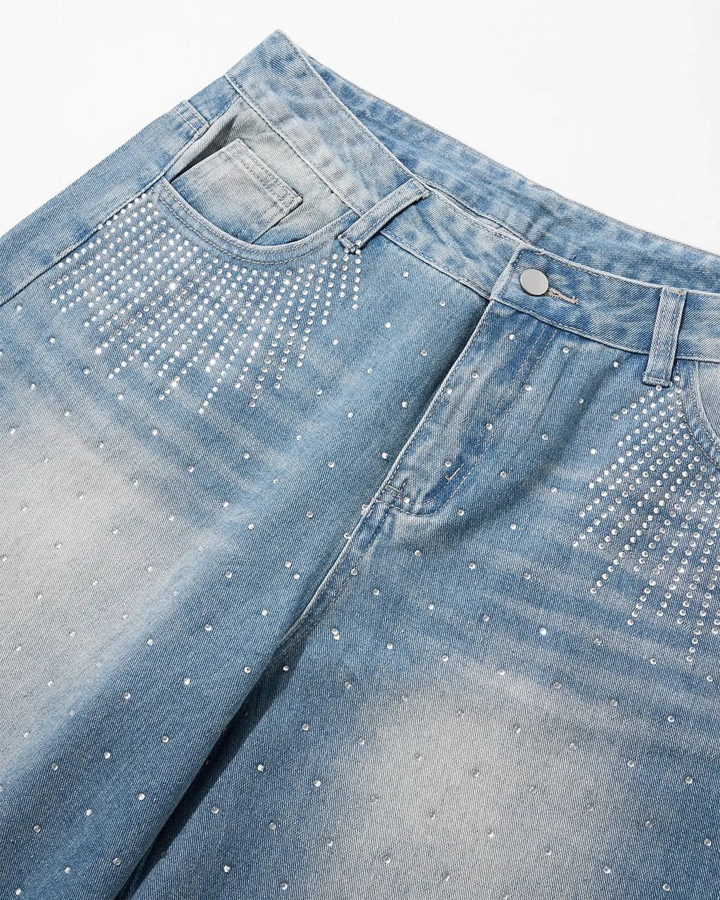 Blue rhinestone baggy jeans shorts by Flation, featuring a relaxed fit with rhinestone embellishments and distressed detailing.