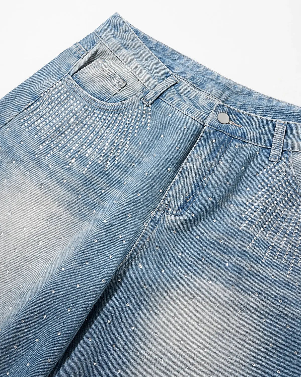 Blue rhinestone baggy jeans shorts by Flation, featuring a relaxed fit with rhinestone embellishments and distressed detailing.