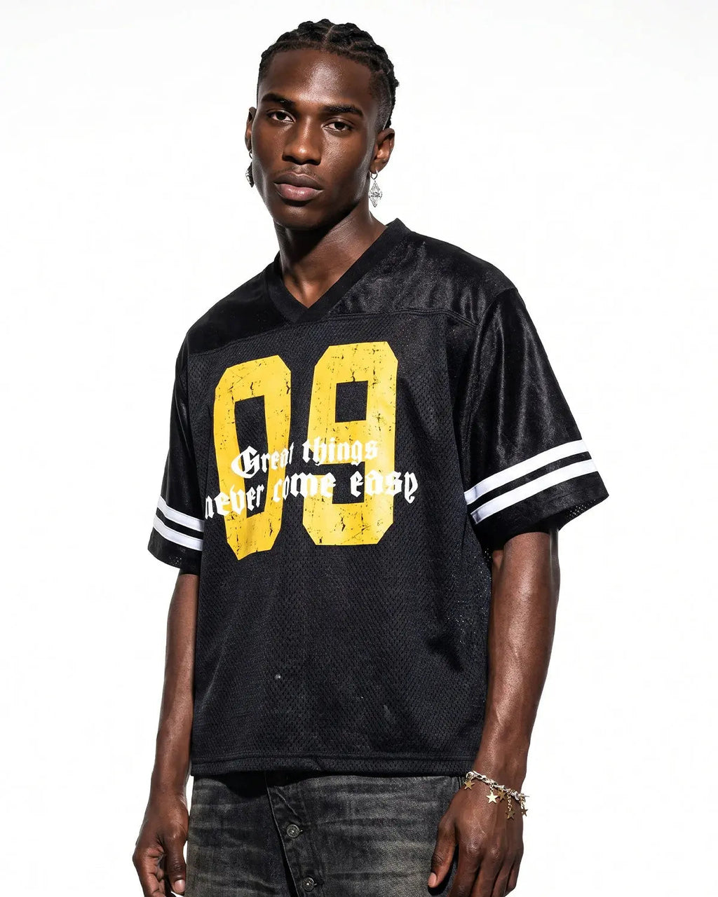 Satin patchwork mesh jersey from Inflation Streetwear featuring a stylish, colorful patchwork design and lightweight mesh fabric.