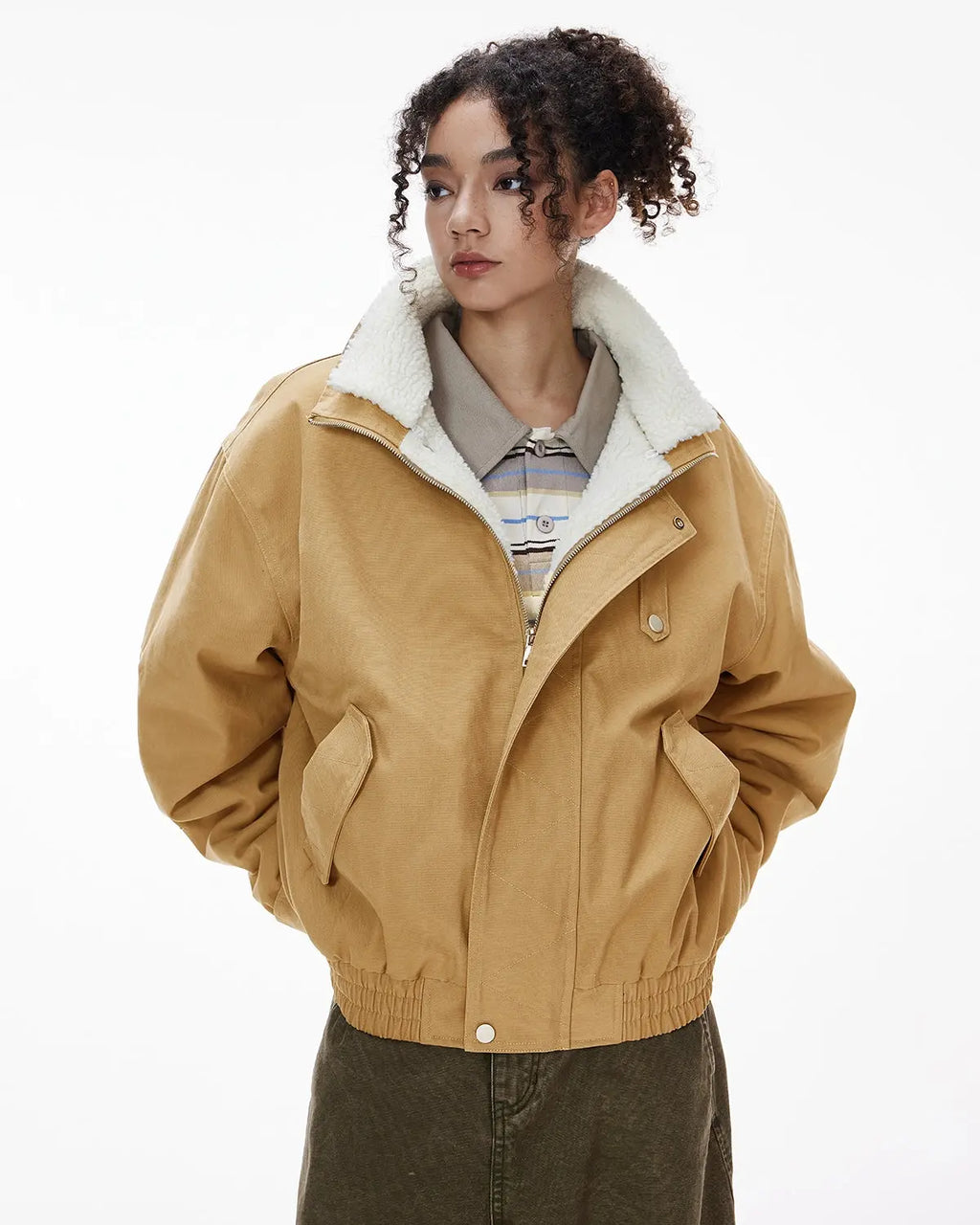 INFLATION faux shearling lining lambswool jacket featuring a cozy, stylish streetwear design with a warm, textured interior.