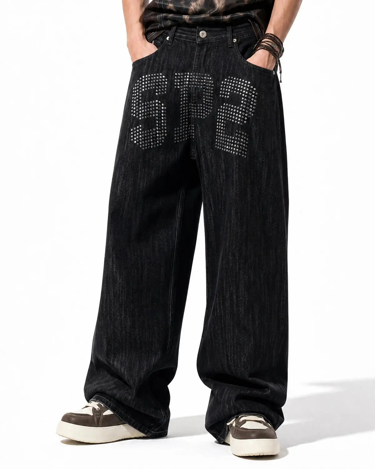 Inflation rhinestone number wide leg jeans, stylish streetwear pants with sparkling rhinestone embellishments, in a trendy wide-leg fit.