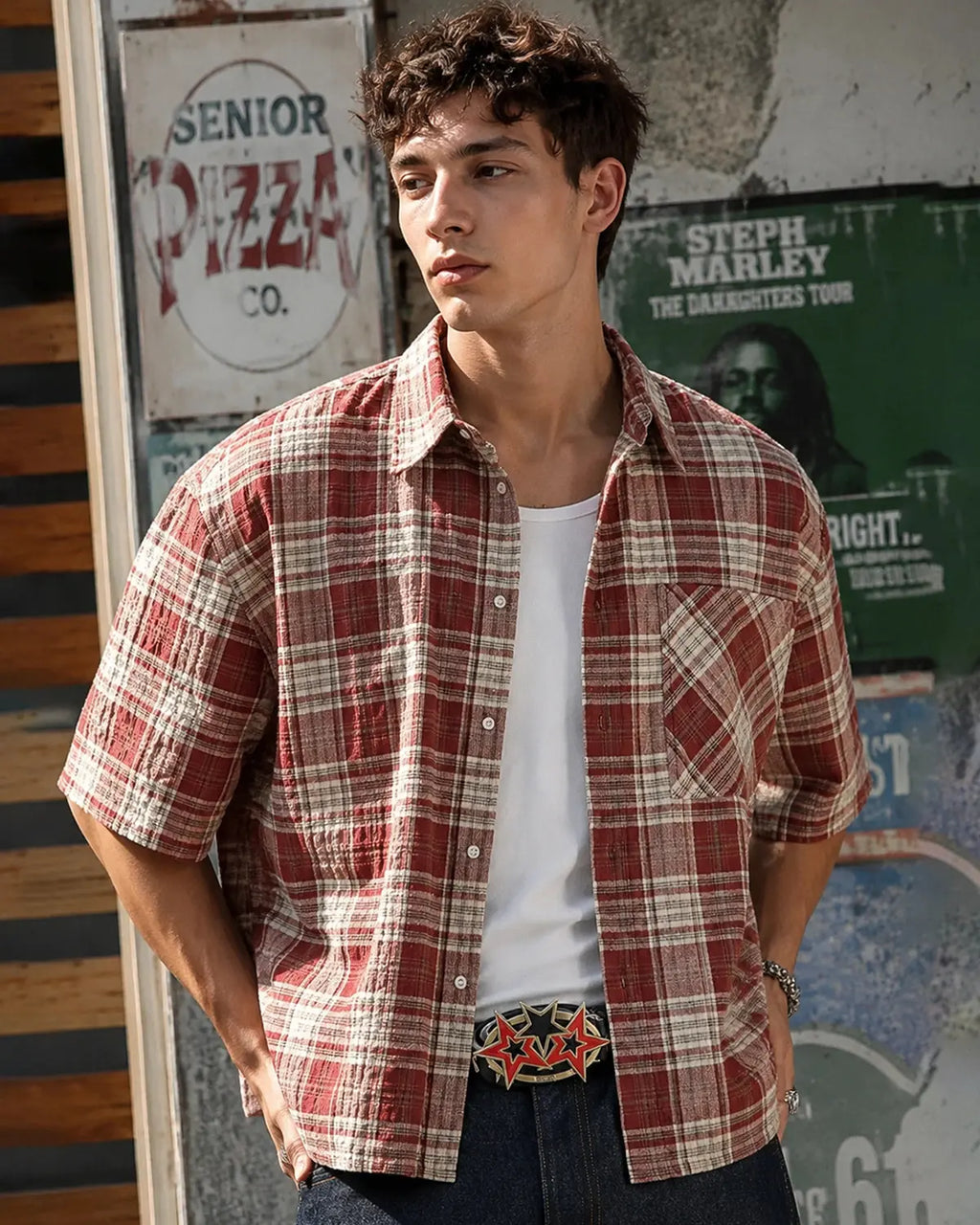 Flation boxy fit plaid shirt with red, black, and white checkered pattern, long sleeves, and collar, casual streetwear style.
