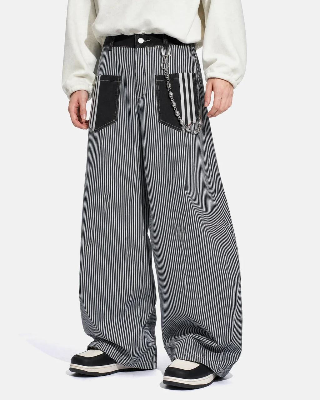 Inflation Streetwear striped patch pocket baggy jeans with relaxed fit and casual style, featuring bold striped patterns and patch details.