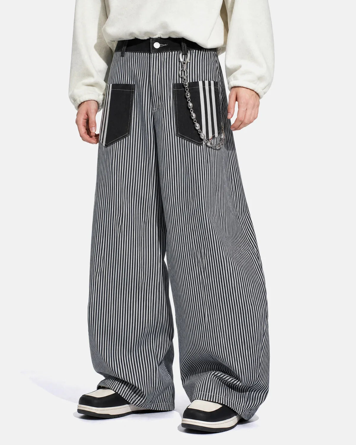 Inflation Streetwear striped patch pocket baggy jeans with relaxed fit and casual style, featuring bold striped patterns and patch details.