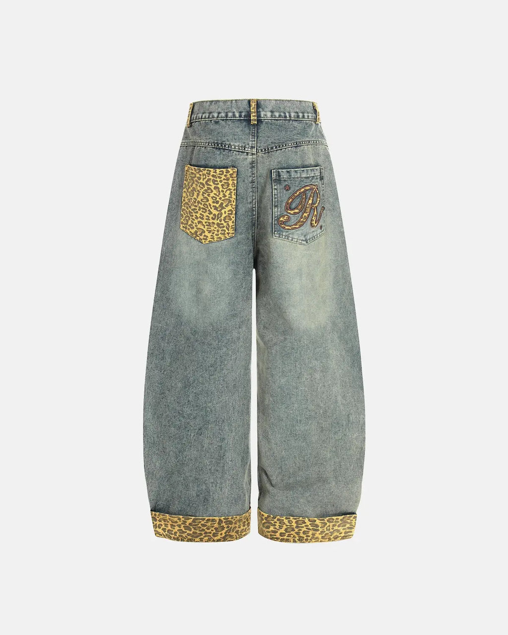Leopard patchwork embroidery baggy jeans by INFLATION featuring bold animal print, relaxed fit, and streetwear style.