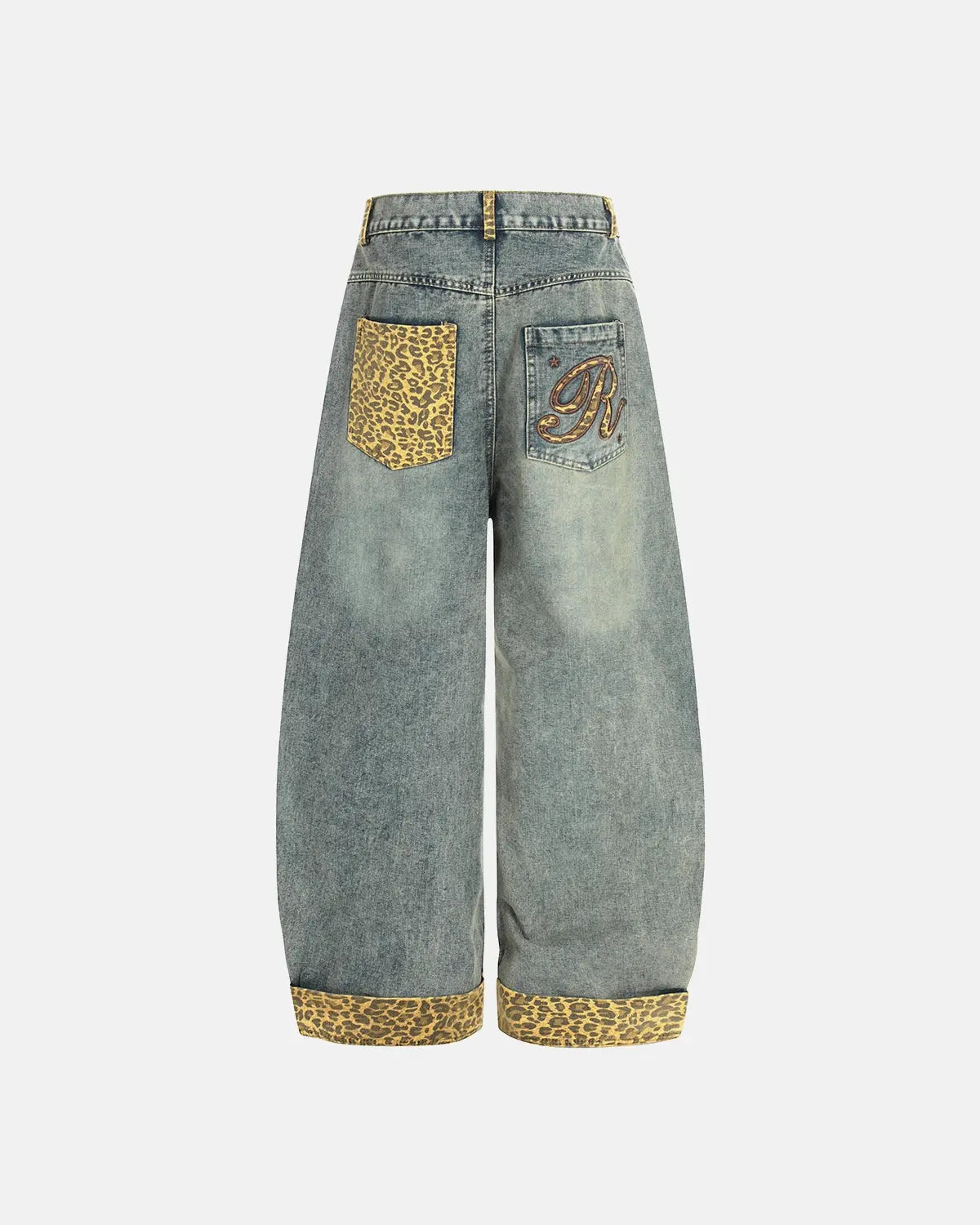 Leopard patchwork embroidery baggy jeans by INFLATION featuring bold animal print, relaxed fit, and streetwear style.