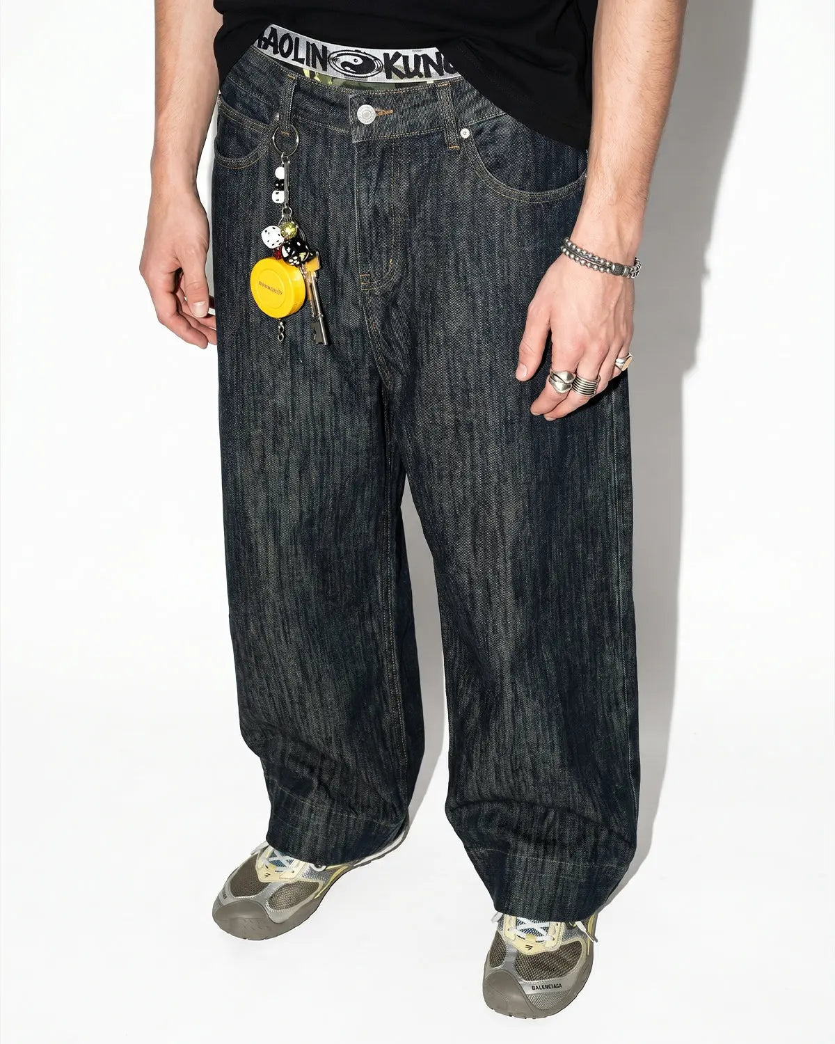 Flation Cinch Back Bamboo Weave Jeans, stylish pants with a cinch waistband and bamboo-textured fabric, casual streetwear style.