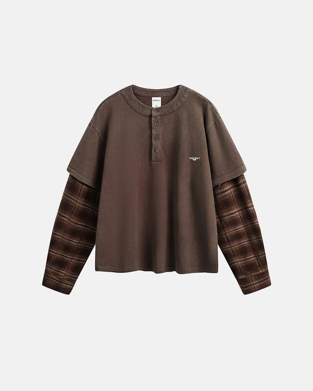 Inflation Streetwear distressed plaid layered long sleeve tee featuring a rugged, casual design with a mix of plaid and solid fabric.