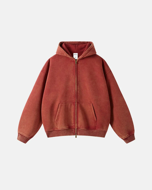 Acid washed distressed fleece zip-up hoodie by Flation Streetwear featuring a relaxed fit and rugged style.
