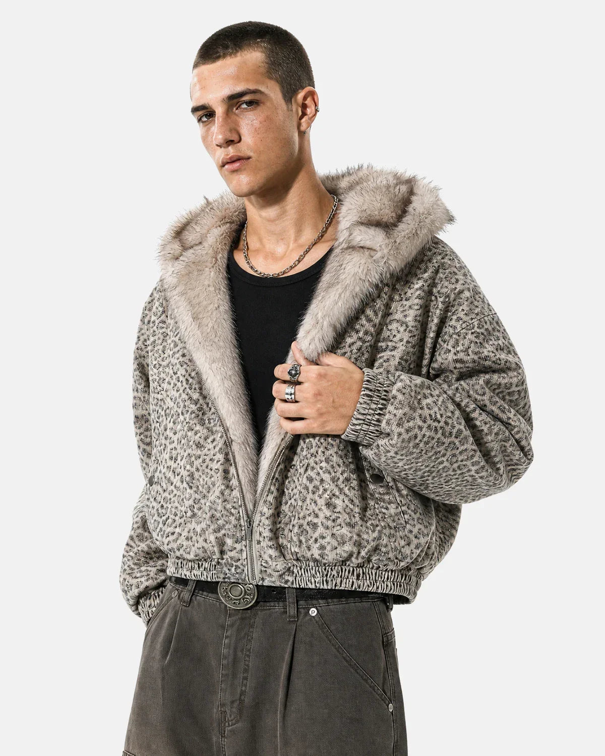 Leopard faux fur-lined bomber jacket by INFLATION, featuring a stylish leopard print exterior and cozy fur lining for streetwear.