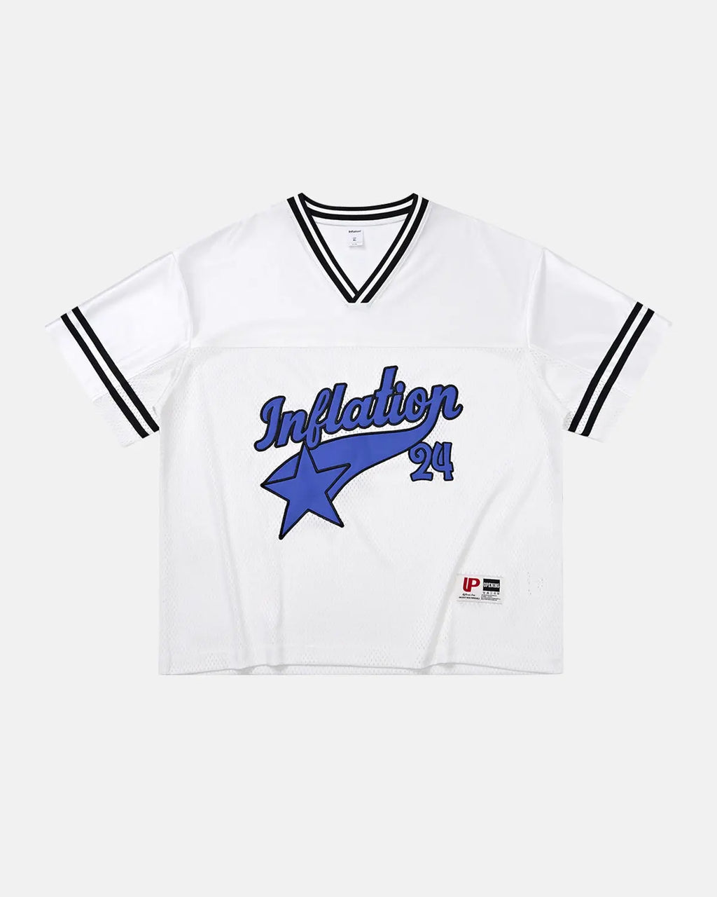 Inflation Streetwear mesh patchwork printing jersey showing intricate mesh fabric with vibrant patchwork design and branding details.
