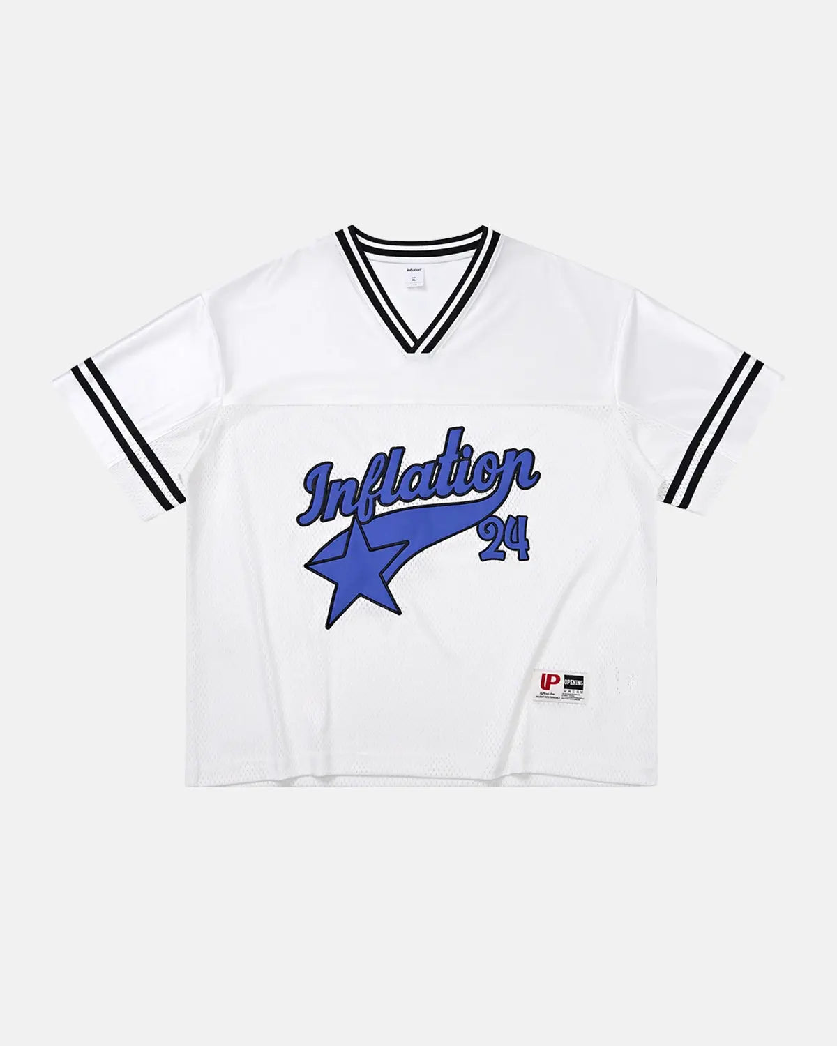 Inflation Streetwear mesh patchwork printing jersey showing intricate mesh fabric with vibrant patchwork design and branding details.