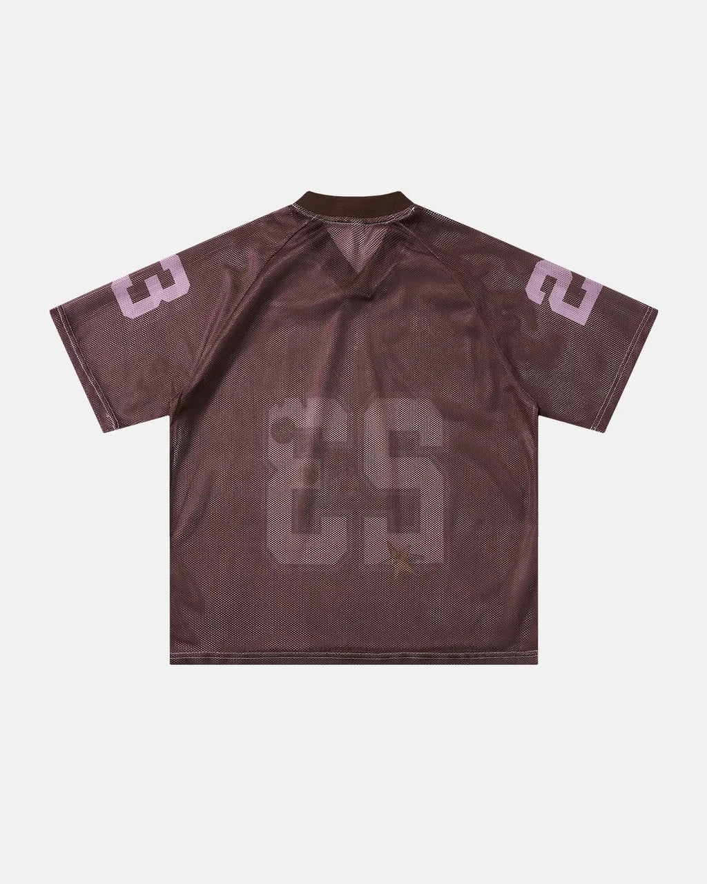 Pink mesh jersey T-shirt from INFLATION's Number 23 streetwear collection, featuring a lightweight, breathable fabric and bold style.