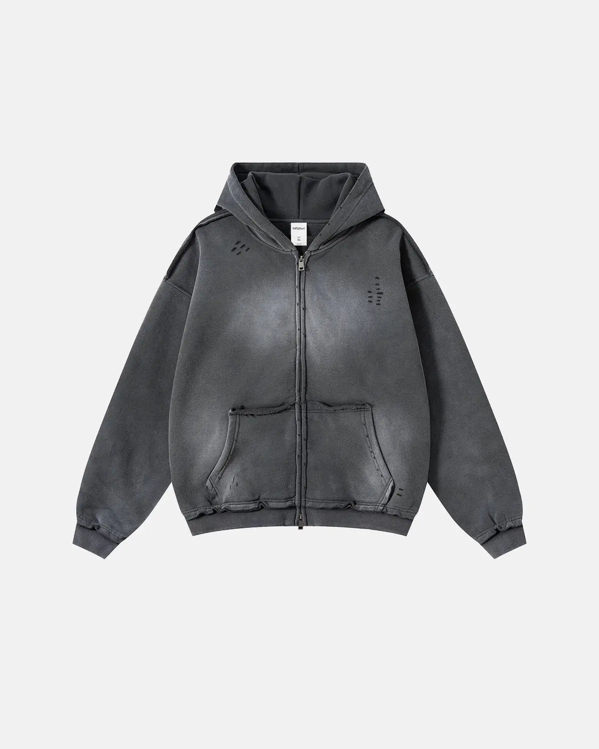 Inflation Streetwear Monkey Wash Ripped Zip Up Hoodie featuring distressed details and a front zipper, casual streetwear style.