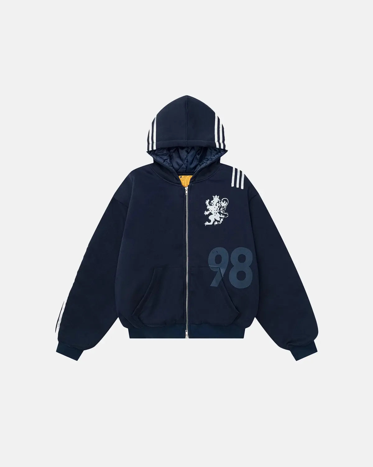 Gothic striped hooded bomber jacket by INFLATION featuring black and white stripes, zip front, and relaxed streetwear style.