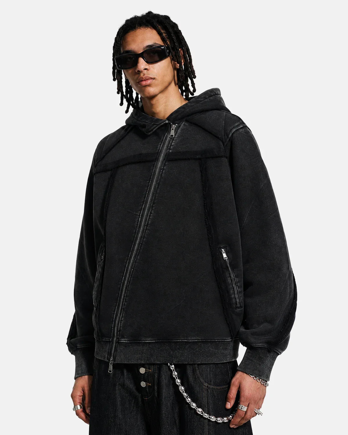 Washed boxy asymmetric zip-up hoodie by INFLATION Streetwear, featuring a modern design and casual style.