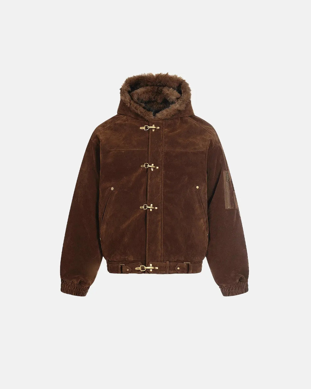 Inflation Streetwear faux fur lined clasp bomber jacket with ribbed cuffs and collar, in black with front zip and side pockets.