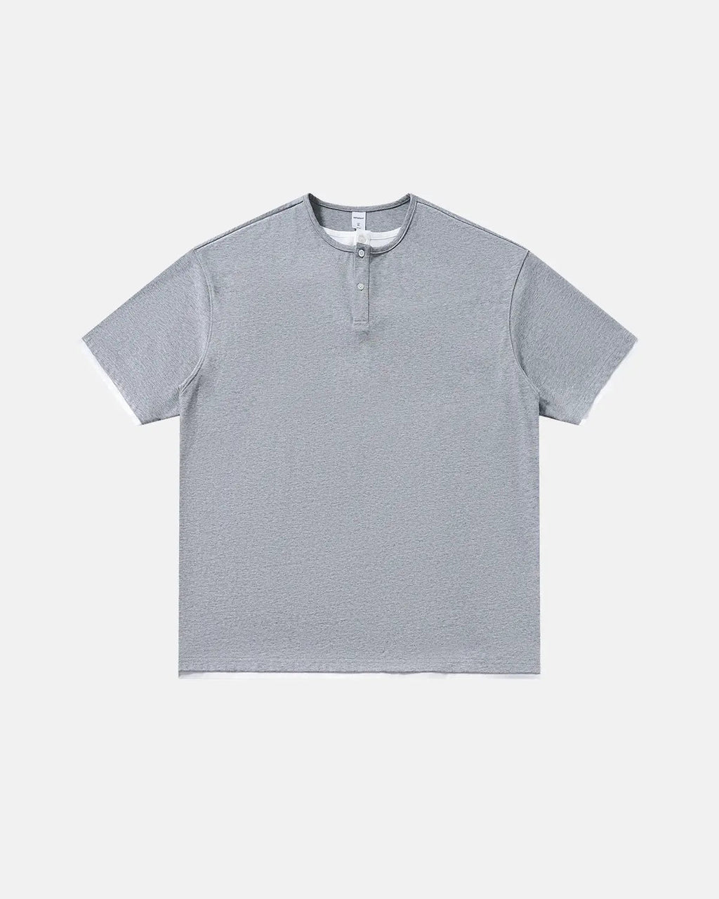 Old Money Layered Henley T-Shirt by INFLATION, men's casual shirt with layered design and buttoned neckline, in neutral tones.