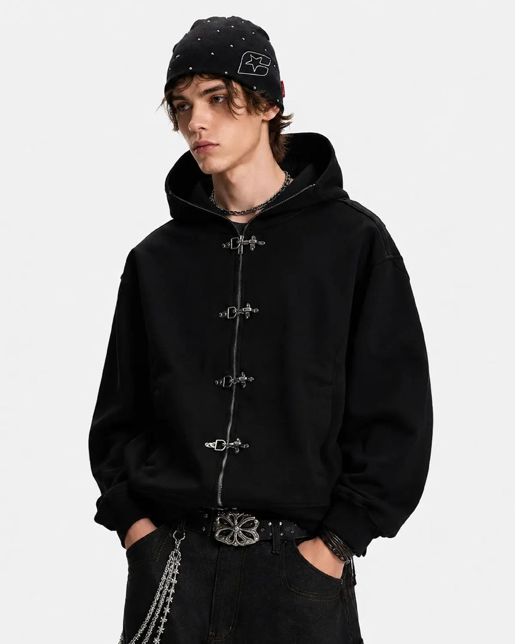 Inflation Streetwear Metal Clasp Boxy Zip Up Hoodie, black with silver metal clasp details, casual streetwear style.