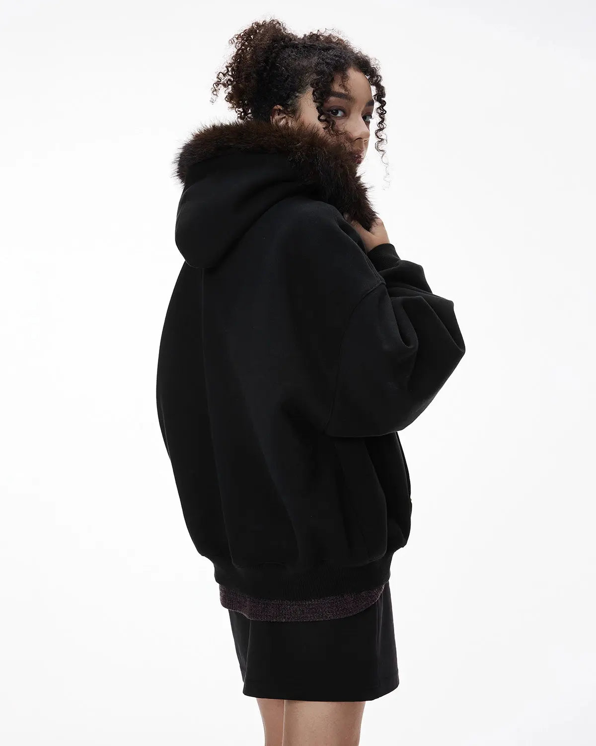INFLATION Faux Fur Collar Zip Up Hoodie Jacket featuring a cozy fur-lined collar and casual streetwear style.