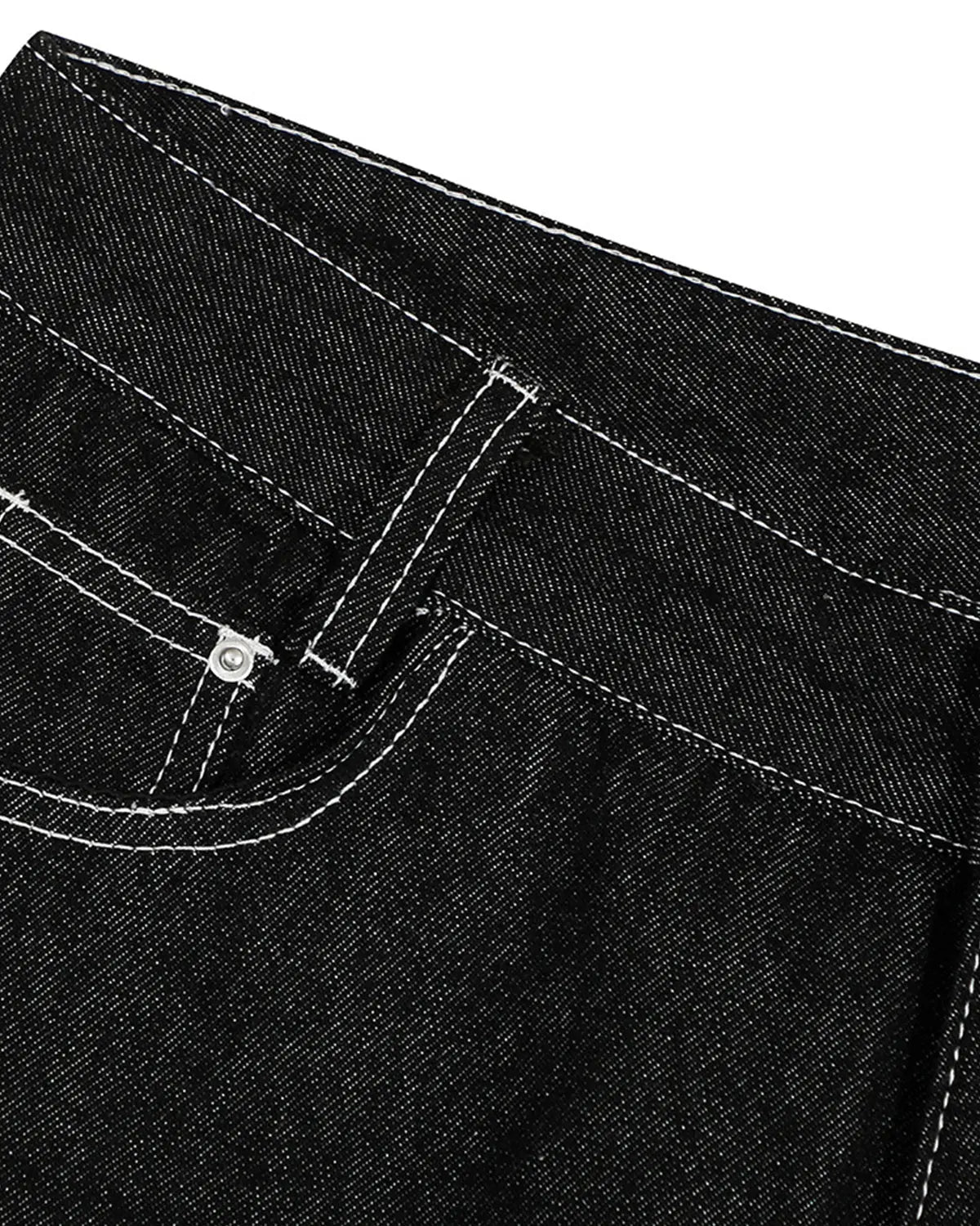 Inflation brand baggy denim jorts with embroidered pocket, casual streetwear pants featuring relaxed fit and stylish detailing.
