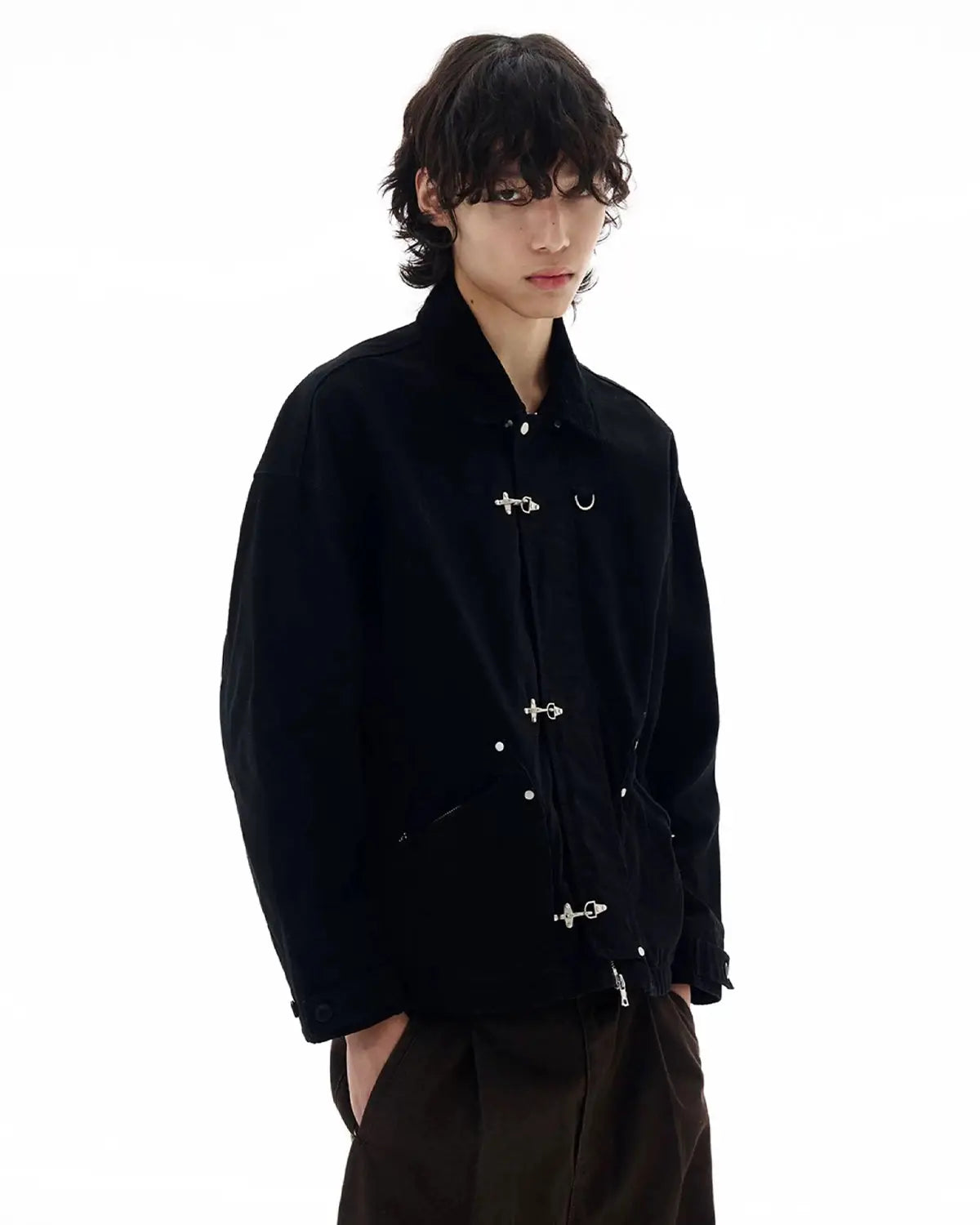 Fireman Buckle Worker Zip Up Jacket by INFLATION, featuring a durable black zip front, buckle details, and streetwear style.