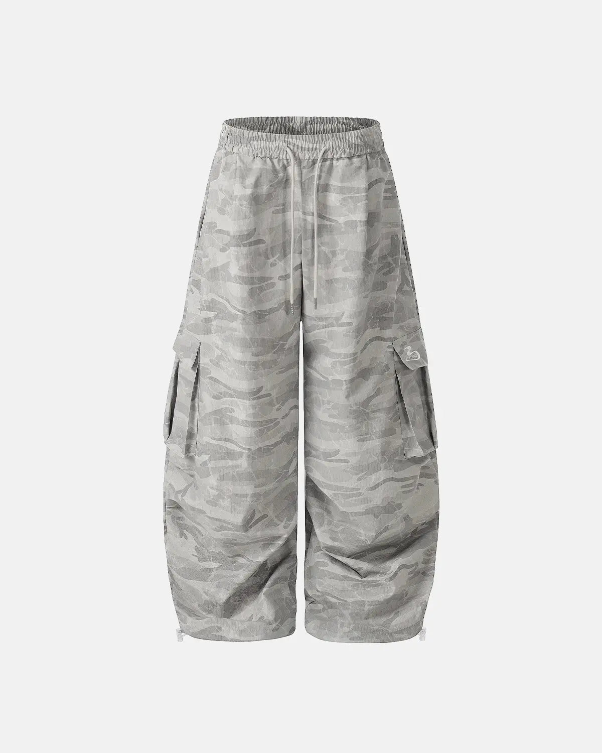 Camouflage cargo barrel pants by INFLATION featuring multiple pockets and a relaxed streetwear style.