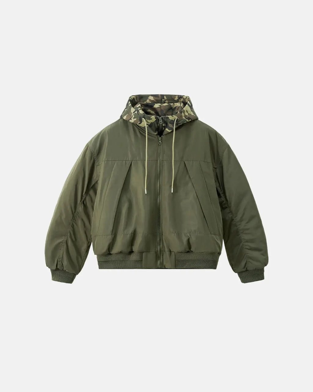 Detachable layered camo bomber jacket by INFLATION, featuring a streetwear style with camouflage pattern and layered design.