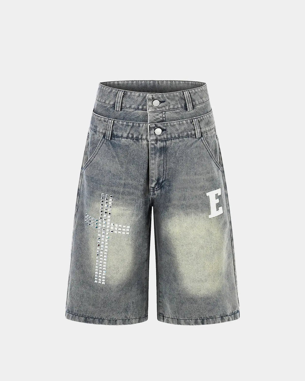 Inflation brand denim jorts with rhinestone cross embellishments, double waist design, casual streetwear pants.