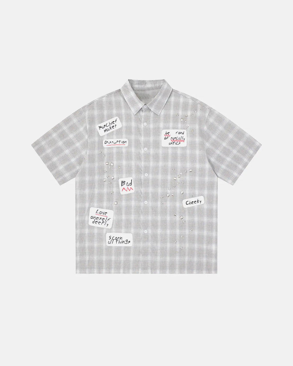 Inflation Streetwear plaid sticker graphic studded shirt with bold plaid pattern and studded details, casual men's fashion shirt.